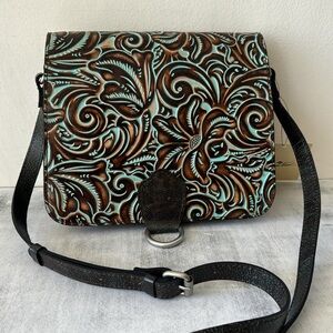 Patricia Nash Ilina Leather Floral Embossed Tooled Turquoise Crossbody Handbag